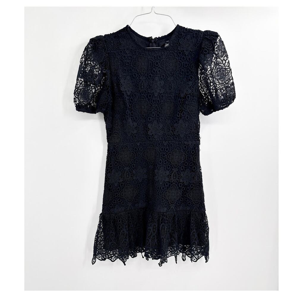 Aqua Black Crochet Lace Mini Dress Little Black Dress Puff Sleeves size Small
